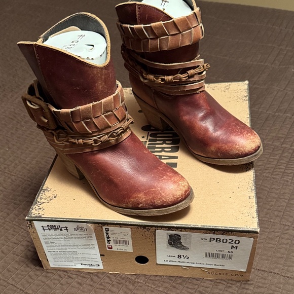 NEVER WOR Corral Women's Wine Multi Strap Heeled Ankle Boots size 8.5
